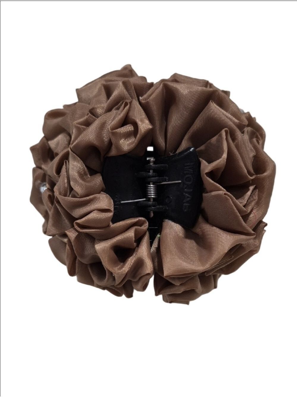 Neutral Tan Fabric Flower Hair Clip - Pom Detail